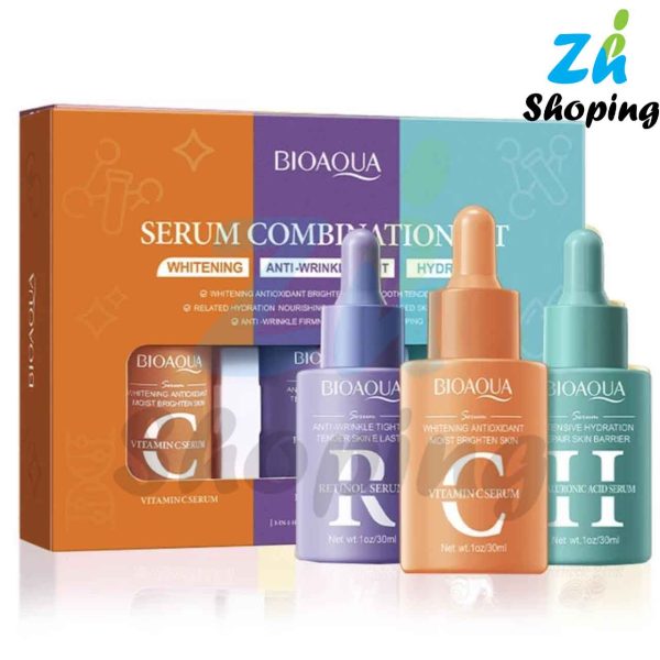 حاوی سه سرم (رتینول،ویتامین سی،هیالورونیک اسید) آبرسان و مرطوب کننده روشن کننده و ضد لک ضد چین و چروک جوانساز لیفت کننده پوست شاداب کننده پوست در بسته بندی بسیار شیک مناسب هدیه